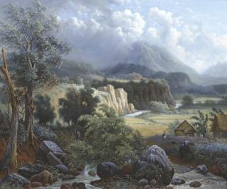 Mauris E. H. R. van den Kerkhoff - Changing Weather Conditions: A view of the River Brantas meandering through the Highlands near Batu, Java, with the Gunung Bromo and the Gunung Semeru in the distance