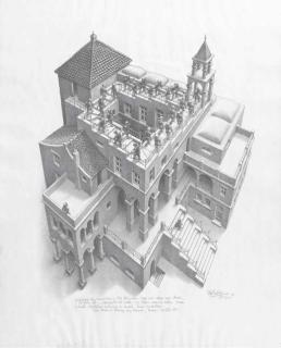 Maurits Cornelis Escher - Ascending and descending (Klimmen en dalen) (Bool 435)