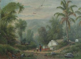 Maurits Ernest Hugo Rudolph Van Den Kerckhoff - Figures passing Chinese graves in an Indonesian landscape, probably near Malang