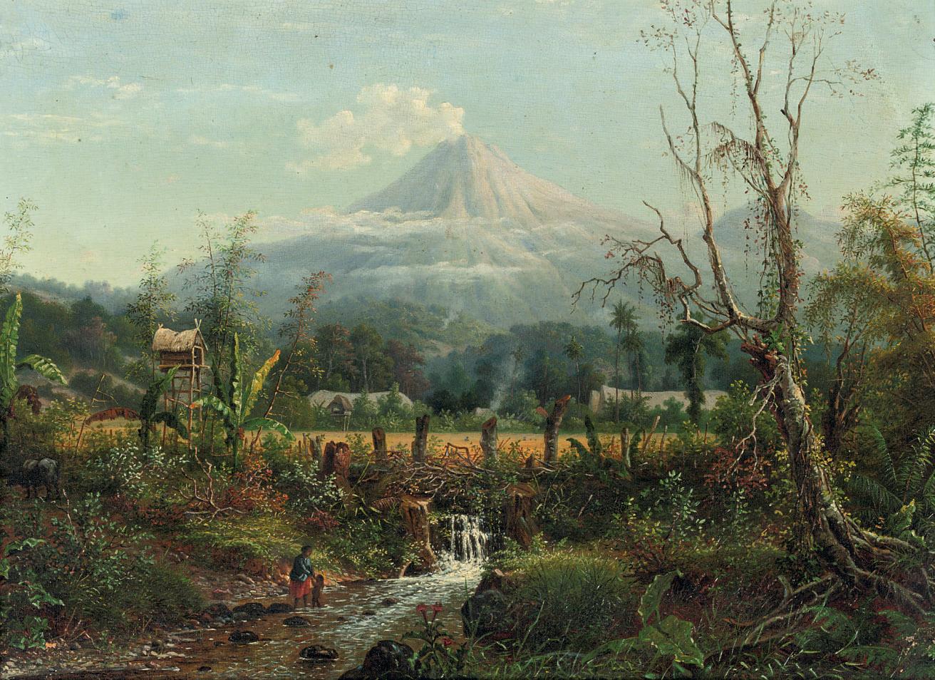 Maurits Ernest Rudolph Hugo van den Kerkhoff - View of a kampong with possibly the Smeroe in the background