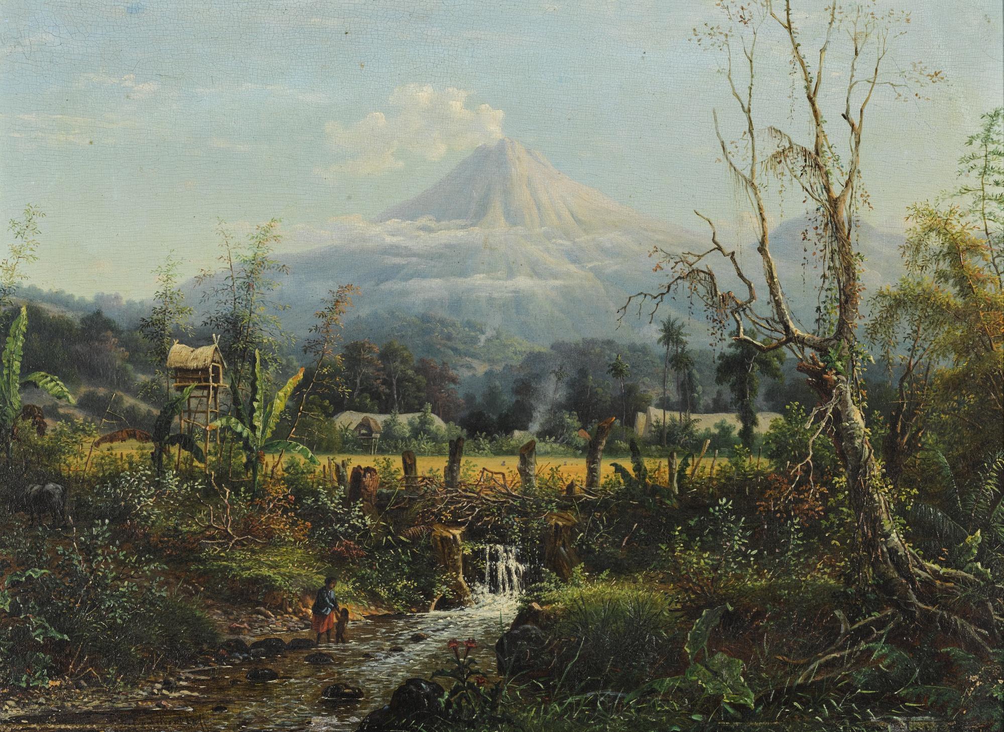 Maurits Van Den Kerkhoff - Dutch a Javanese Village With A Volcano Beyond, Thought To Be Mount Semeru