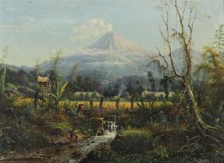 Maurits Van Den Kerkhoff - Dutch a Javanese Village With A Volcano Beyond, Thought To Be Mount Semeru