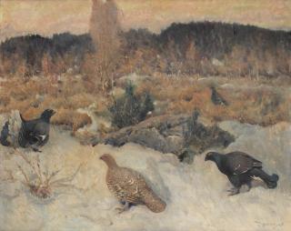 Mauritz Drougge - Black Grouse at the lek; Ptarmigan in autumn each 80.5 x 100.5cm (31 11/16 x 39 9/16in)