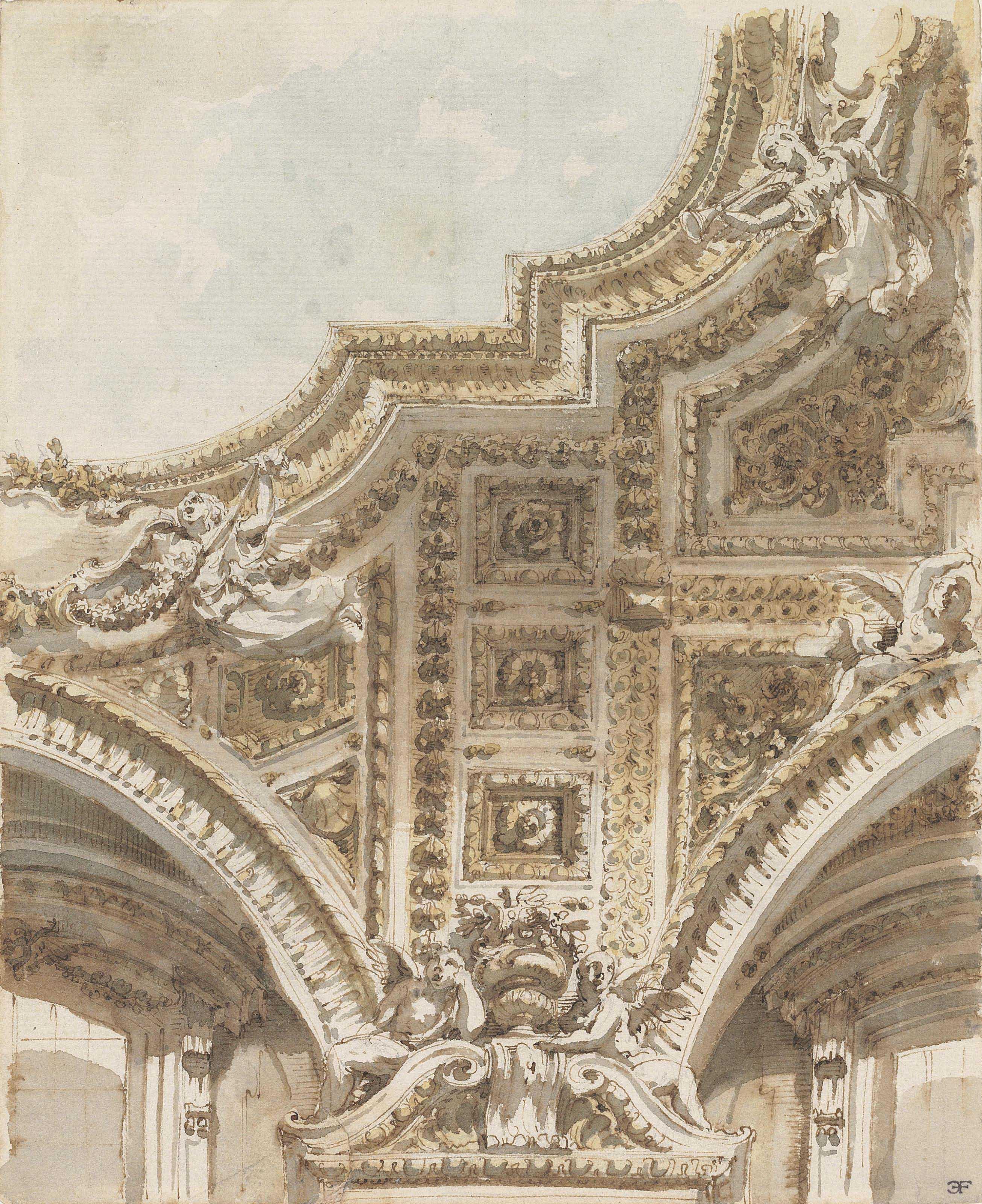 Mauro Antonio Tesi - A section of a ceiling with coffering and sculpture ( recto ); Studies of architectural motives from S. Maria in Aracoeli, Rome ( verso )