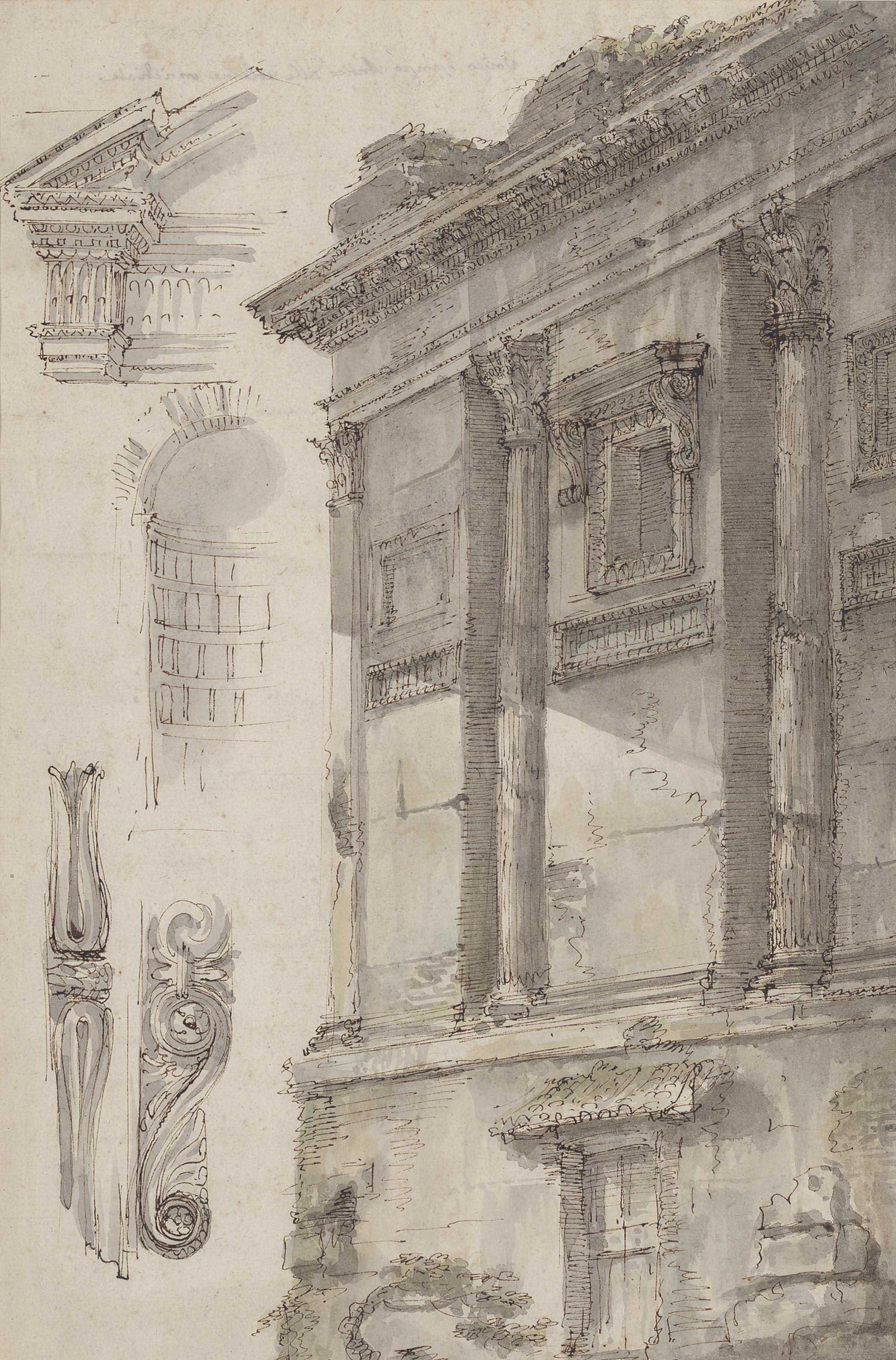 Mauro Antonio Tesi - The corner of a Roman building, embellished with Corinthian pilasters and a partly ruined architrave, with separate studies of architectonic details