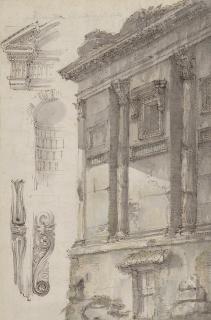 Mauro Antonio Tesi - The corner of a Roman building, embellished with Corinthian pilasters and a partly ruined architrave, with separate studies of architectonic details