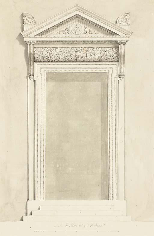 Mauro Antonio Tesi - Une Porte Avec Une Frise D\'Acanthes, Deux Tritons Flanquant Des Armes Surmonté D\'Acrothères Sur Le Fronton