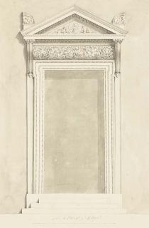 Mauro Antonio Tesi - Une Porte Avec Une Frise D\'Acanthes, Deux Tritons Flanquant Des Armes Surmonté D\'Acrothères Sur Le Fronton