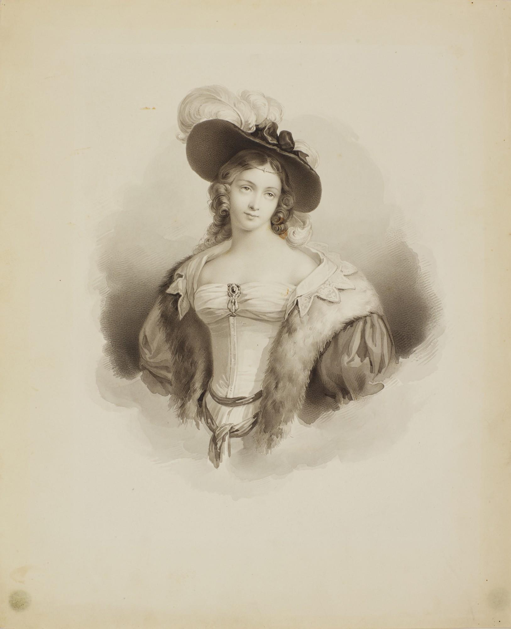 Mauro Gandolfi - Portrait Of A Young Woman In Elegant Attire With A Fur Lined Coat And A Feather In Her Hat