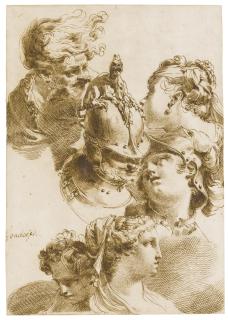 Mauro Gandolfi - Six Head Studies, Including A Soldier, His Helmet Festooned With A Fire Breathing Dragon