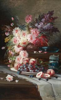 Max Albert Carlier - A still life of roses and other flowers in an urn with peaches and grapes on a draped table
