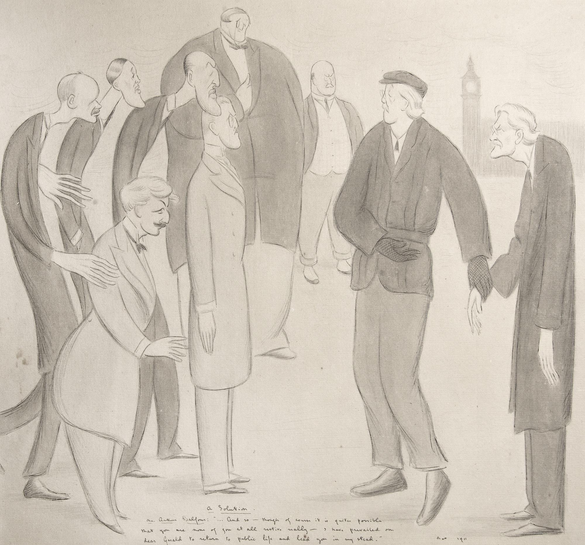 Max Beerbohm - ‘A Solution’ (‘Mr Arthur Balfour: “...And So – Though Of Course It Is Quite Possible That You Are None Of You At All Restive Really – I Have Prevailed On Dear Gerald To Return To Public Life And Lead You In My Stead.”’)