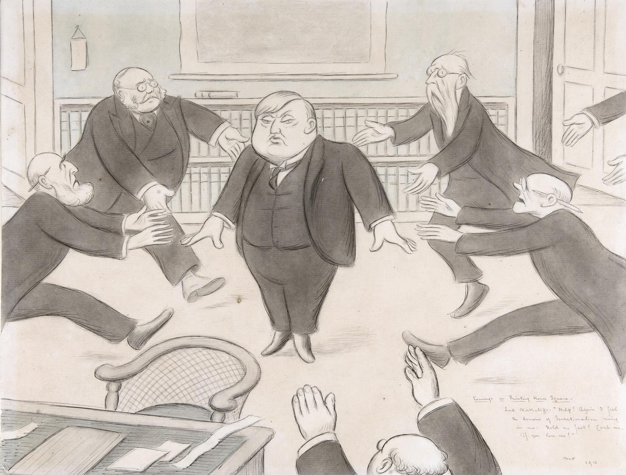 Max Beerbohm - ‘Evenings In Printing House Square’ (‘Lord Northcliffe: “Help! Again I Feel The Demons Of Sensationalism Rising In Me. Hold Me Fast! Curb Me, If You Love Me!”’)