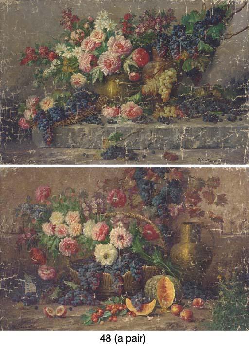 Max Carlier - Summer blooms in brass and copper ewers by a grape vine; and Summer blooms and grapes in a basket by peaches, cherries, a pumpkin, a brass ewer and a vine on a ledge
