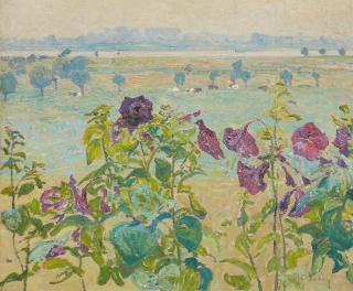 Max Clarenbach - Blüten (Stockrosen), Blick auf den Rhein bei Wittlaer