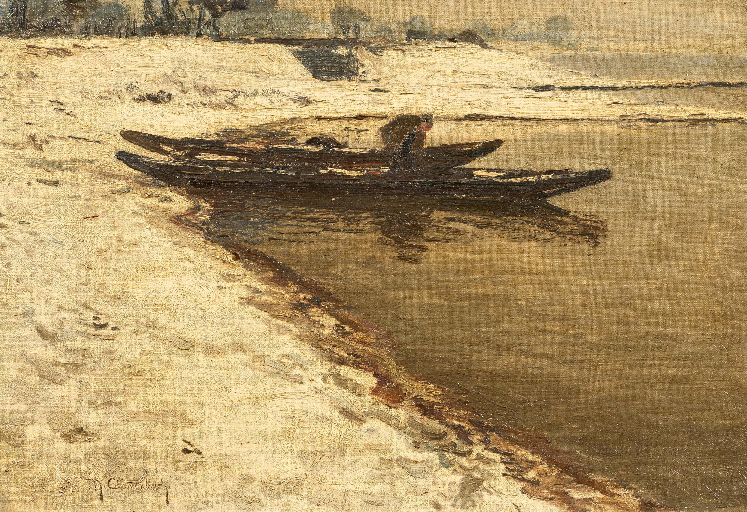 Max Clarenbach - Boote am verschneiten Rheinufer.