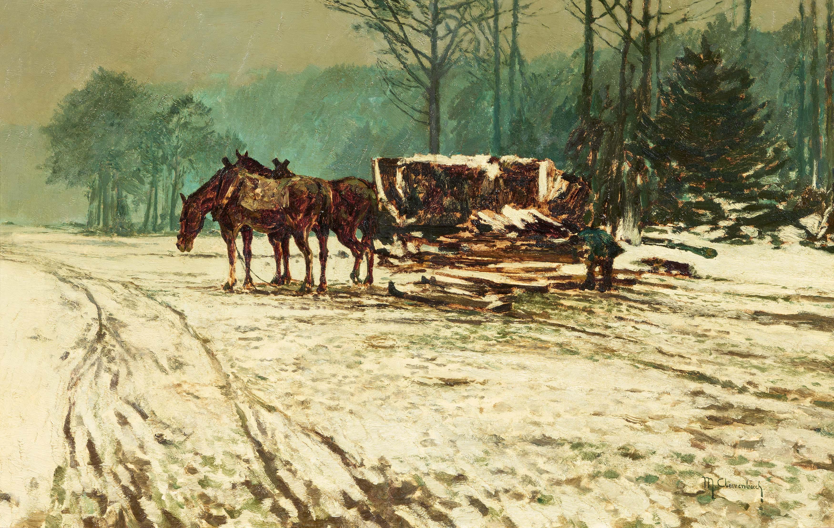 Max Clarenbach - Holzfäller mit ihren Pferden am Waldrand.