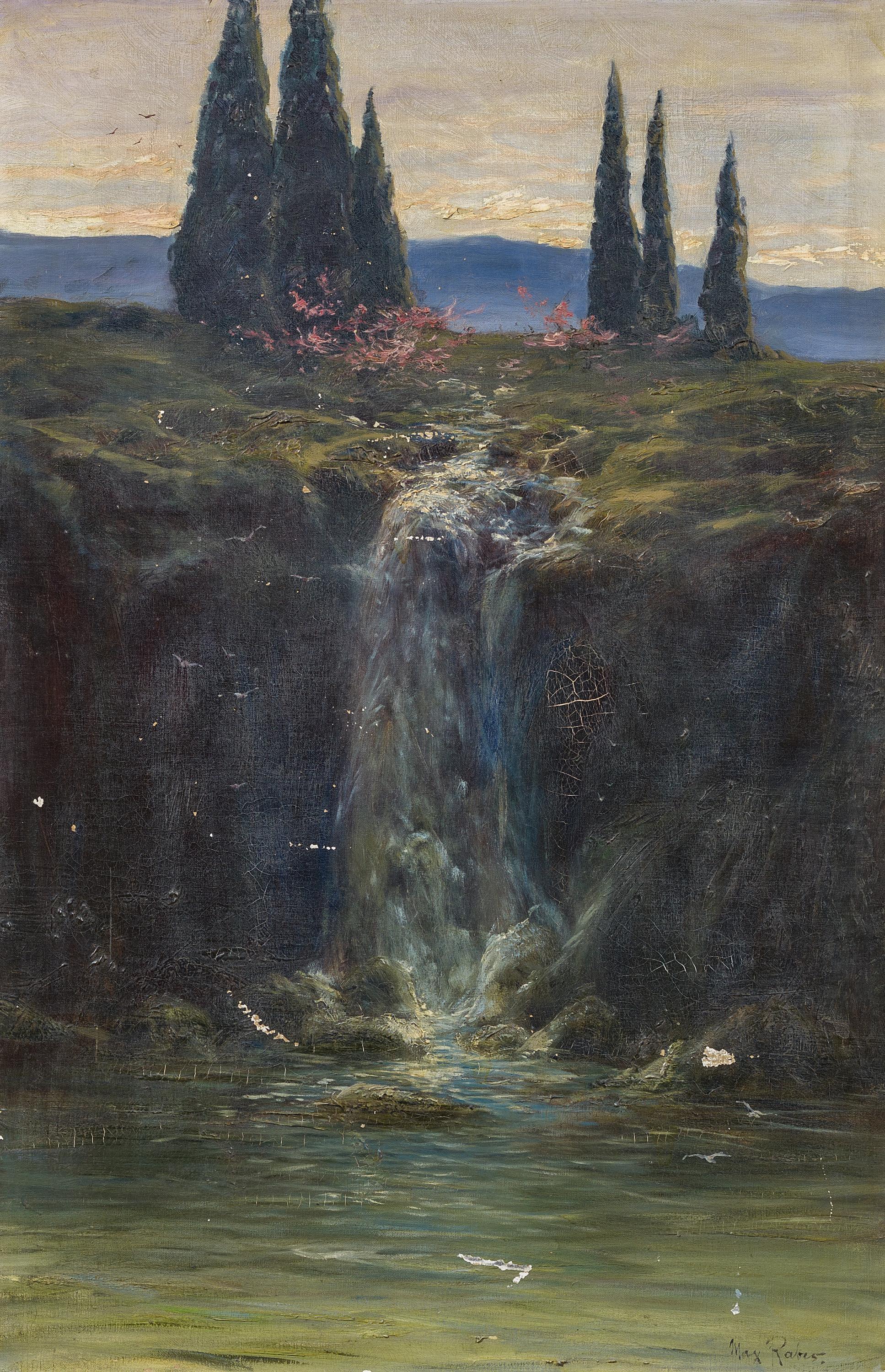 Max Friedrich Rabes - Italienische Landschaft mit Zypressen und Wasserfall