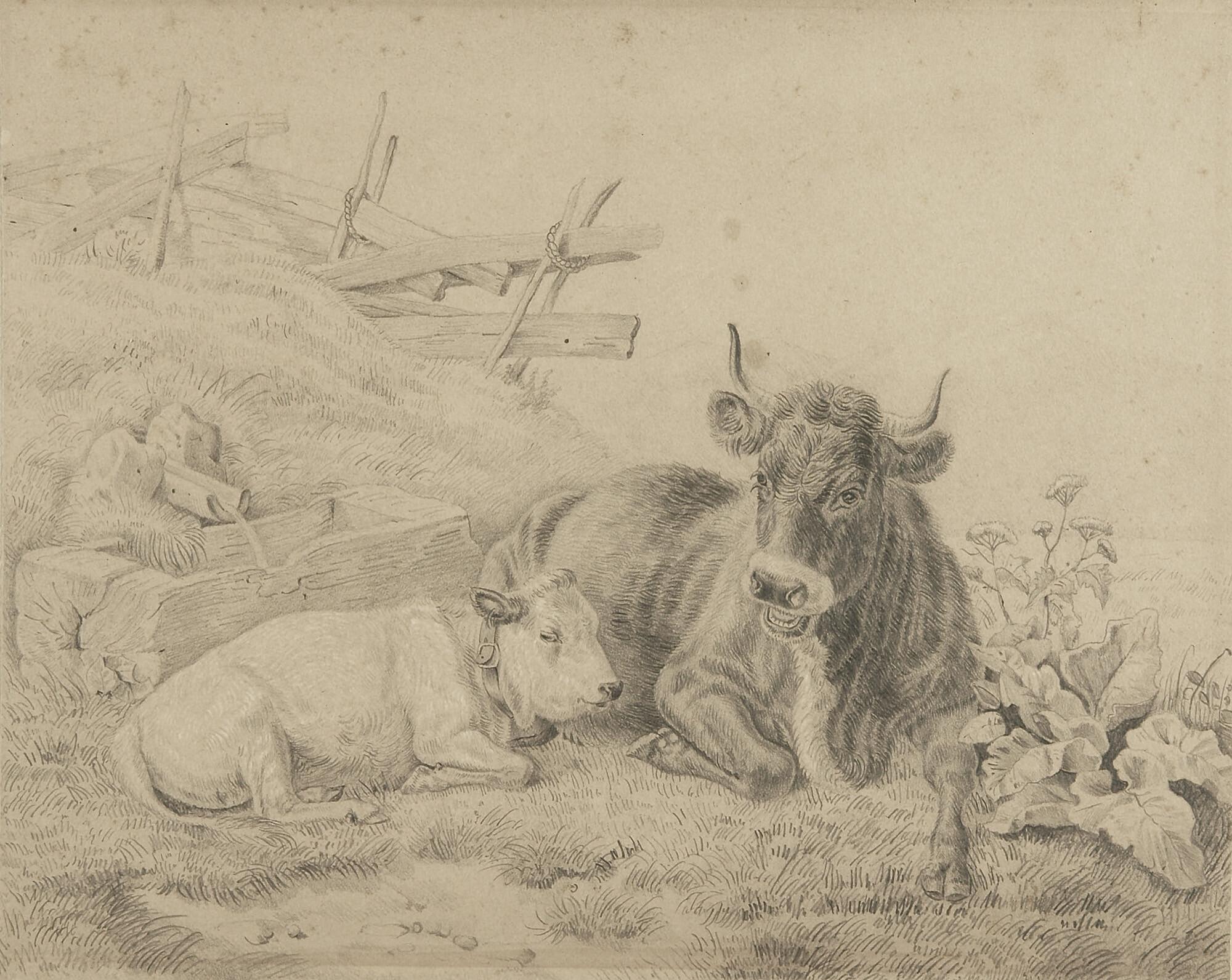 Max Joseph Wagenbauer - Kuh und Kälbchen, vor einer Tränke liegend.