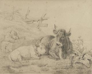 Max Joseph Wagenbauer - Kuh und Kälbchen, vor einer Tränke liegend.