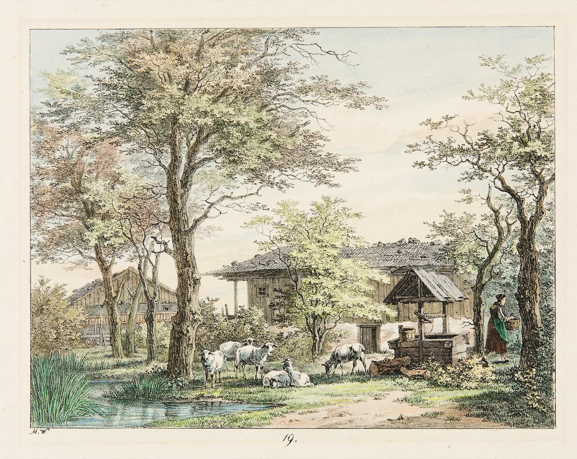 Max Joseph Wagenbauer - Zwei Bretterhäuser, aus: Vorlagen für Landschaftszeichner.