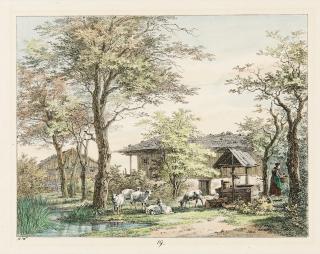 Max Joseph Wagenbauer - Zwei Bretterhäuser, aus: Vorlagen für Landschaftszeichner.