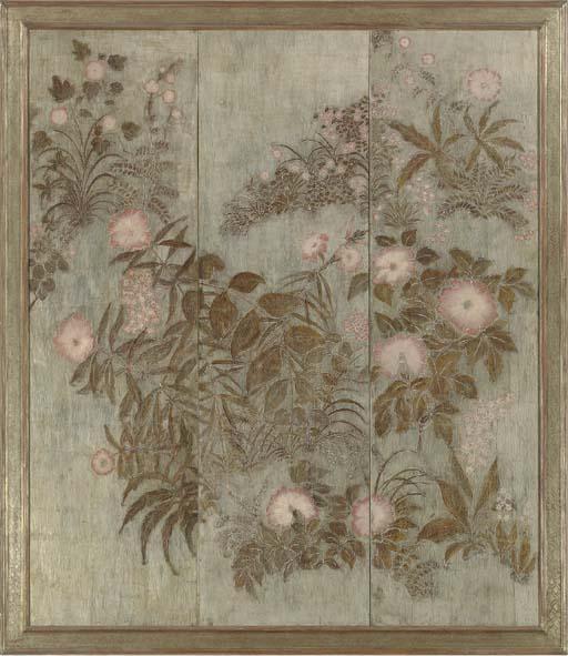Max Kuehne - Floral Arrangement in Pink and Silver: Framed Three-Paneled Screen