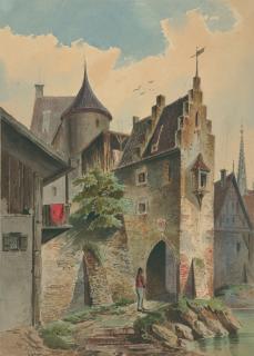 Max Kuhn - Ansicht in einer mittelalterlichen Stadt am Wasser.