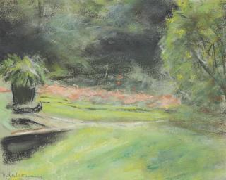 Max Liebermann - Wannseegarten, Blick auf die Terrasse mit Blumenbeeten und Pflanzenkübel links