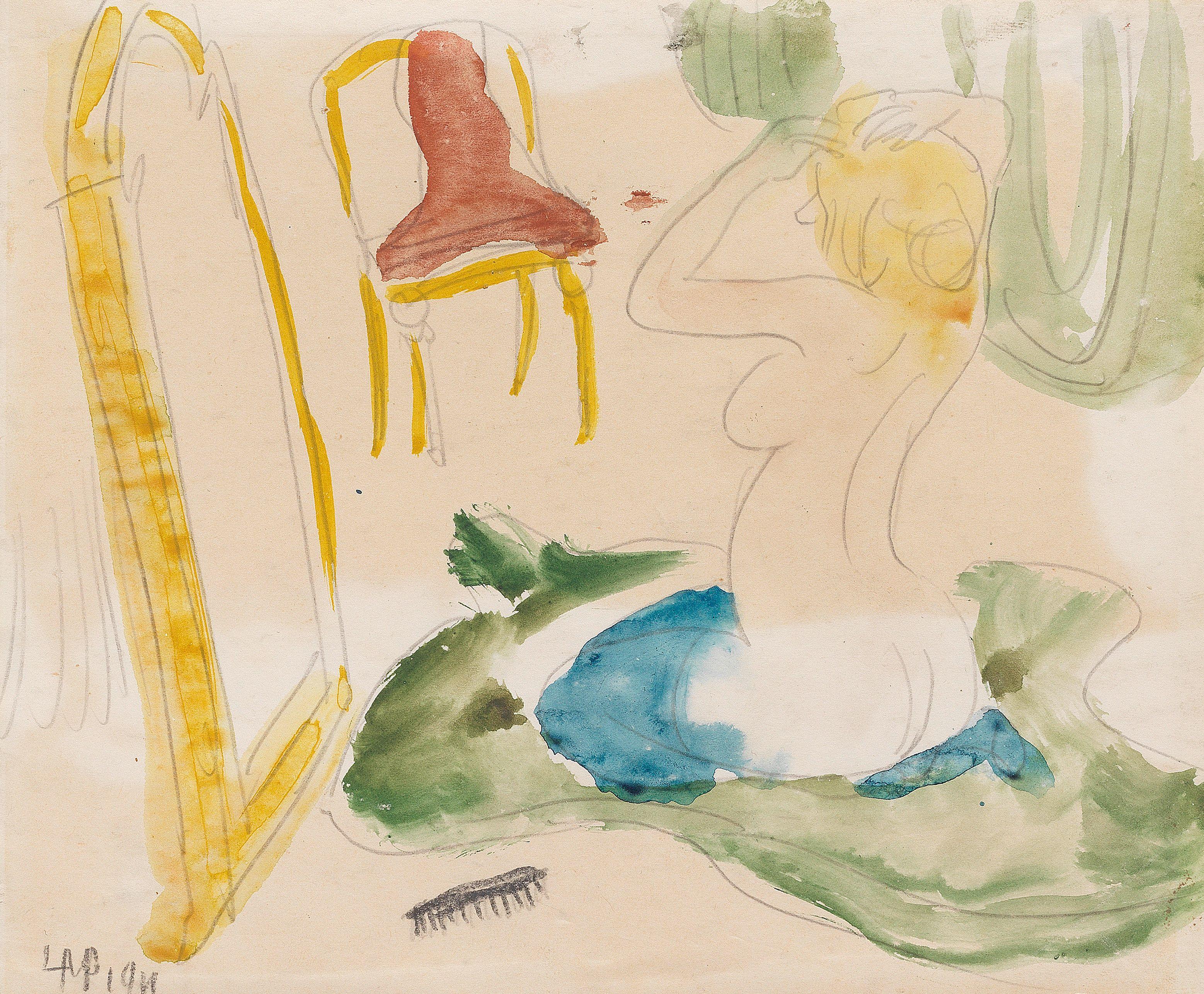 Max Pechstein - Kniender weiblicher Akt vor dem Spiegel