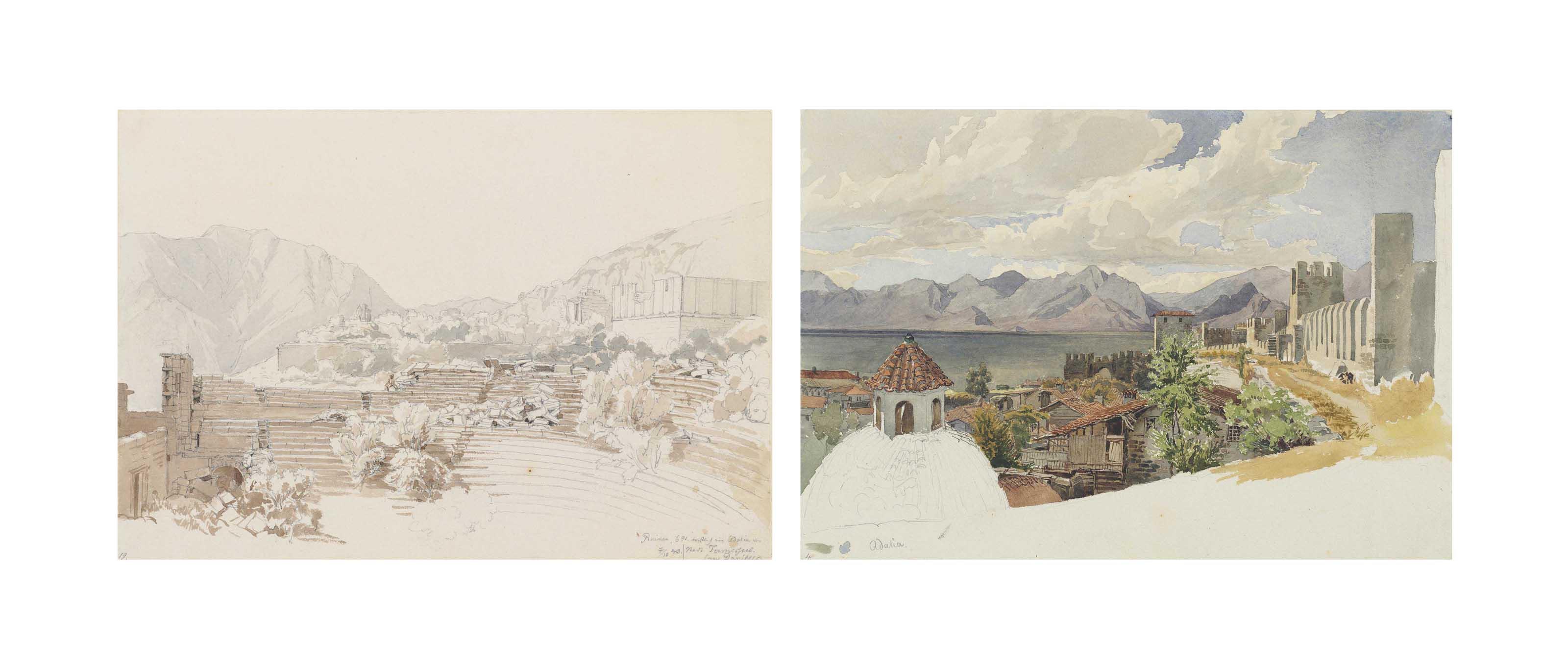 Max Schmidt - Ruins near Termessus in Antalya, with mountains behind;  and   A view of Antalya, with the Mediterranean sea and mountains behind