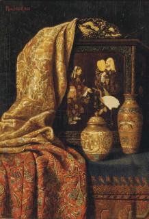 Max Schödl - A Chinese Jar And Vase, A Painting And Fabric On A Tabletop