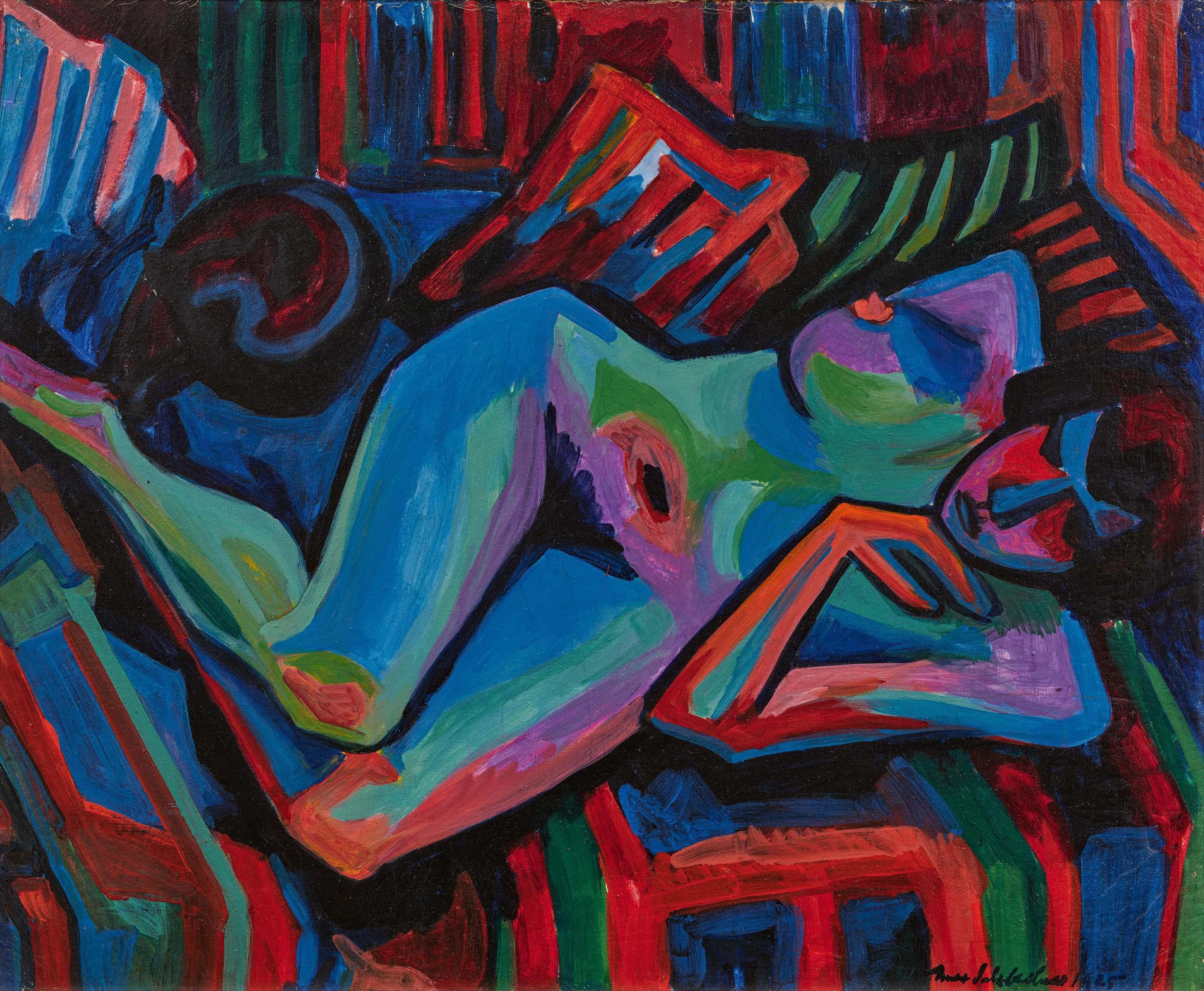 Max Sulzbachner - Liegender Akt mit schwarzer Katze.