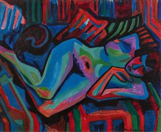 Max Sulzbachner - Liegender Akt mit schwarzer Katze.