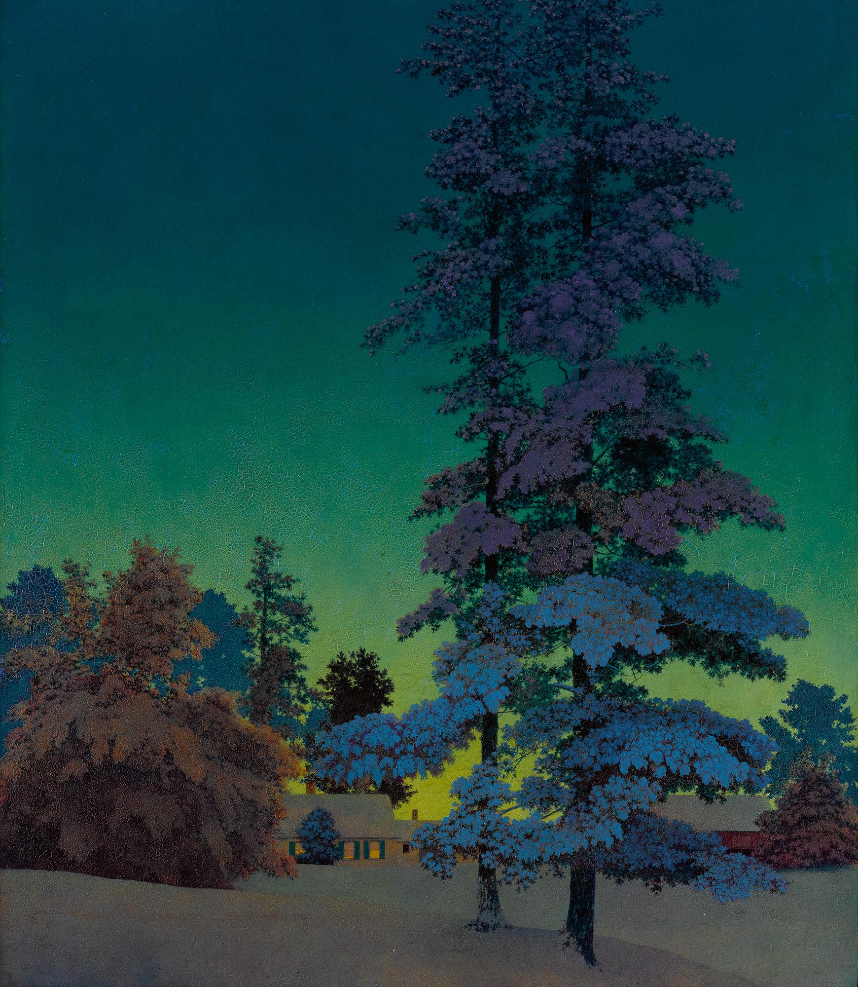 Maxfield Parrish - Winter Night Landscape (Two Tall Pines)
