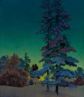 Maxfield Parrish - Winter Night Landscape (Two Tall Pines)