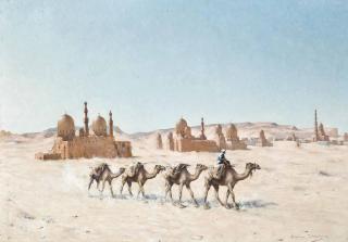Maxime Dastugue - A camel train before a town in the desert