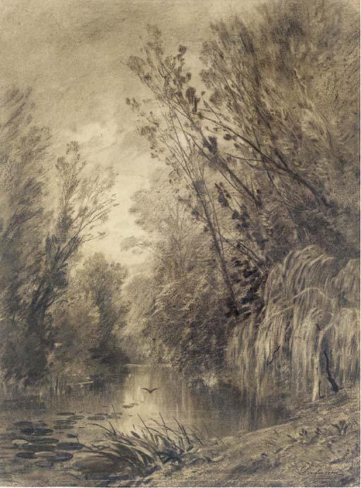 Maxime-Francois-Antoine Lalanne - An Extensive Wooded Landscape With A Cascading Waterfall