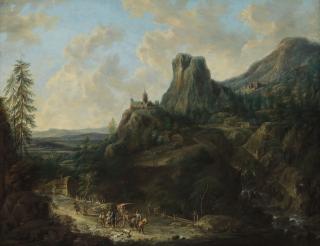 Maximilian Joseph Schinnagel - A mountainous landscape with figures, a horse-drawn carriage and a dog on a path