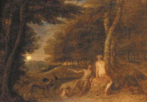 Maximilian Joseph Schinnagl - A wooded landscape with figures fishing by a waterfall