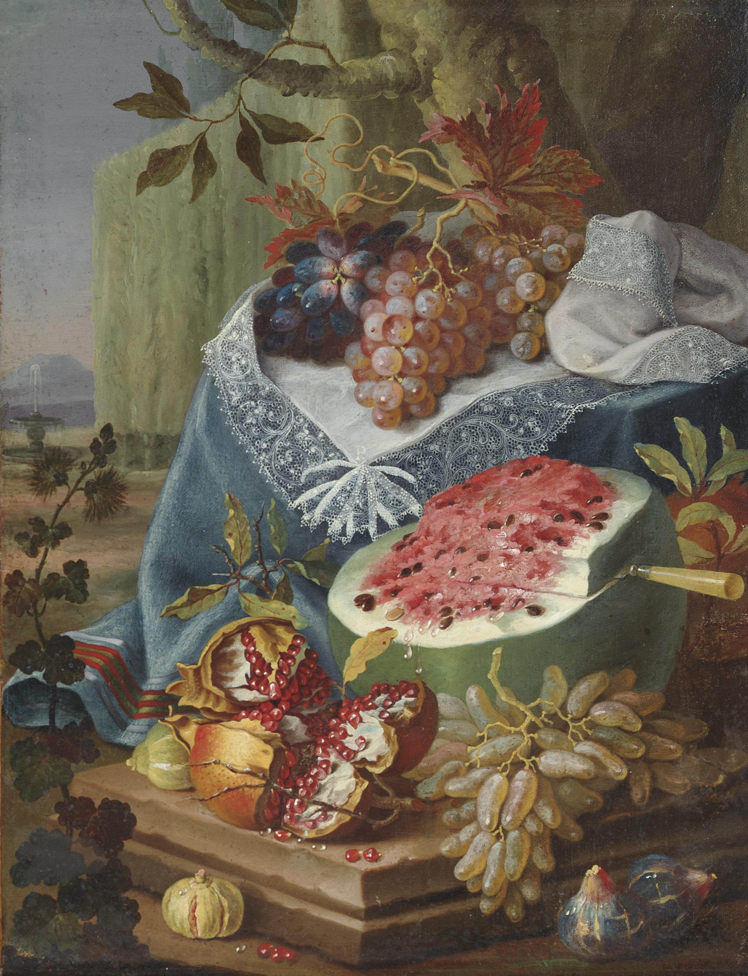 Maximilian Pfeiler - A watermelon, a pomegranate and figs, with grapes on a draped plinth, in a landscape
