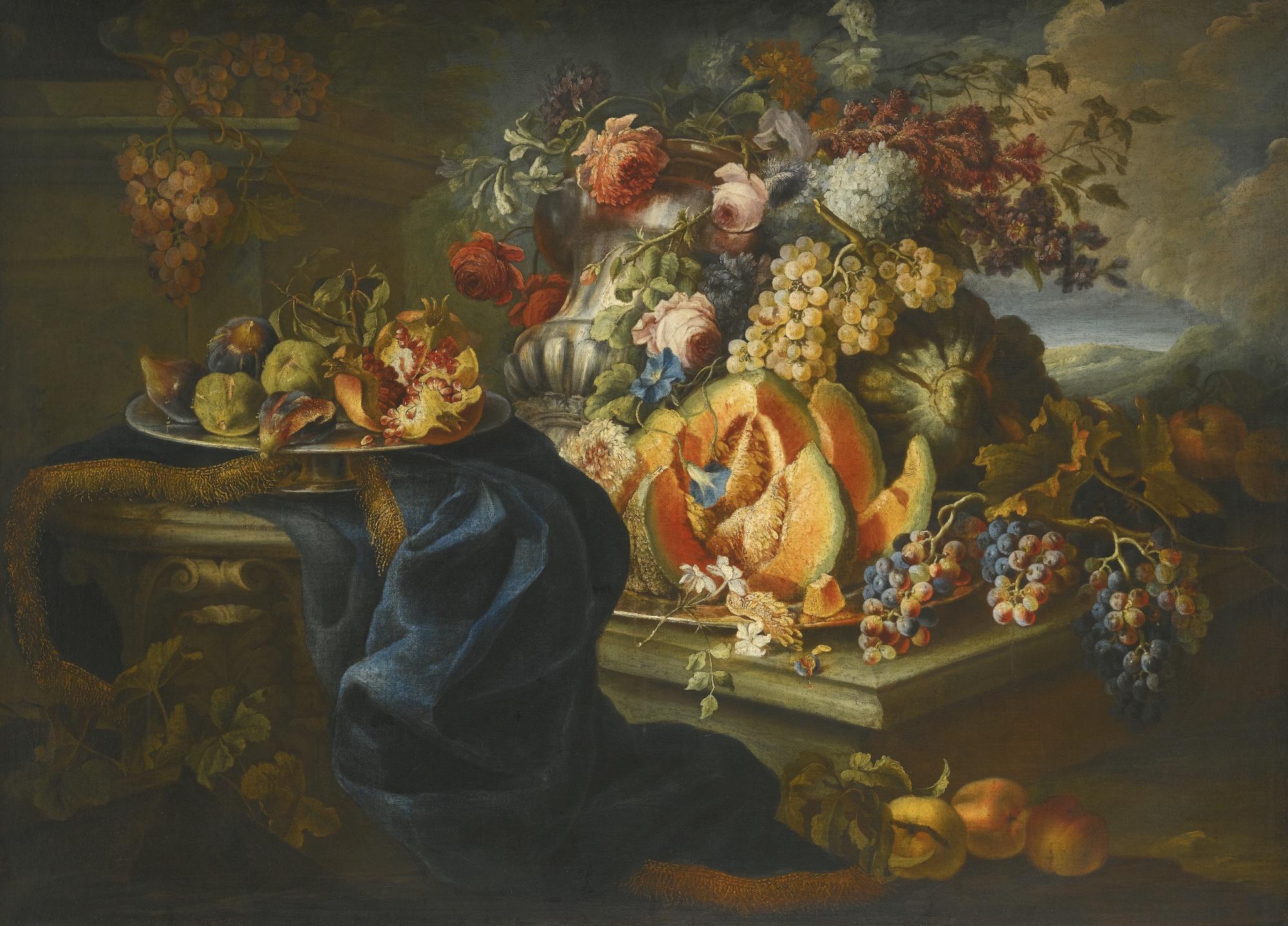 Maximilian Pfeiler - An Elaborate Still Life Of Fruit And Flowers Piled High In An Outdoor Setting