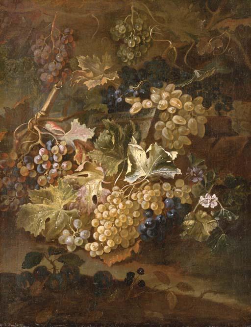 Maximilian Pfeiler - Grapes on the vine and blackberries on a stone ledge