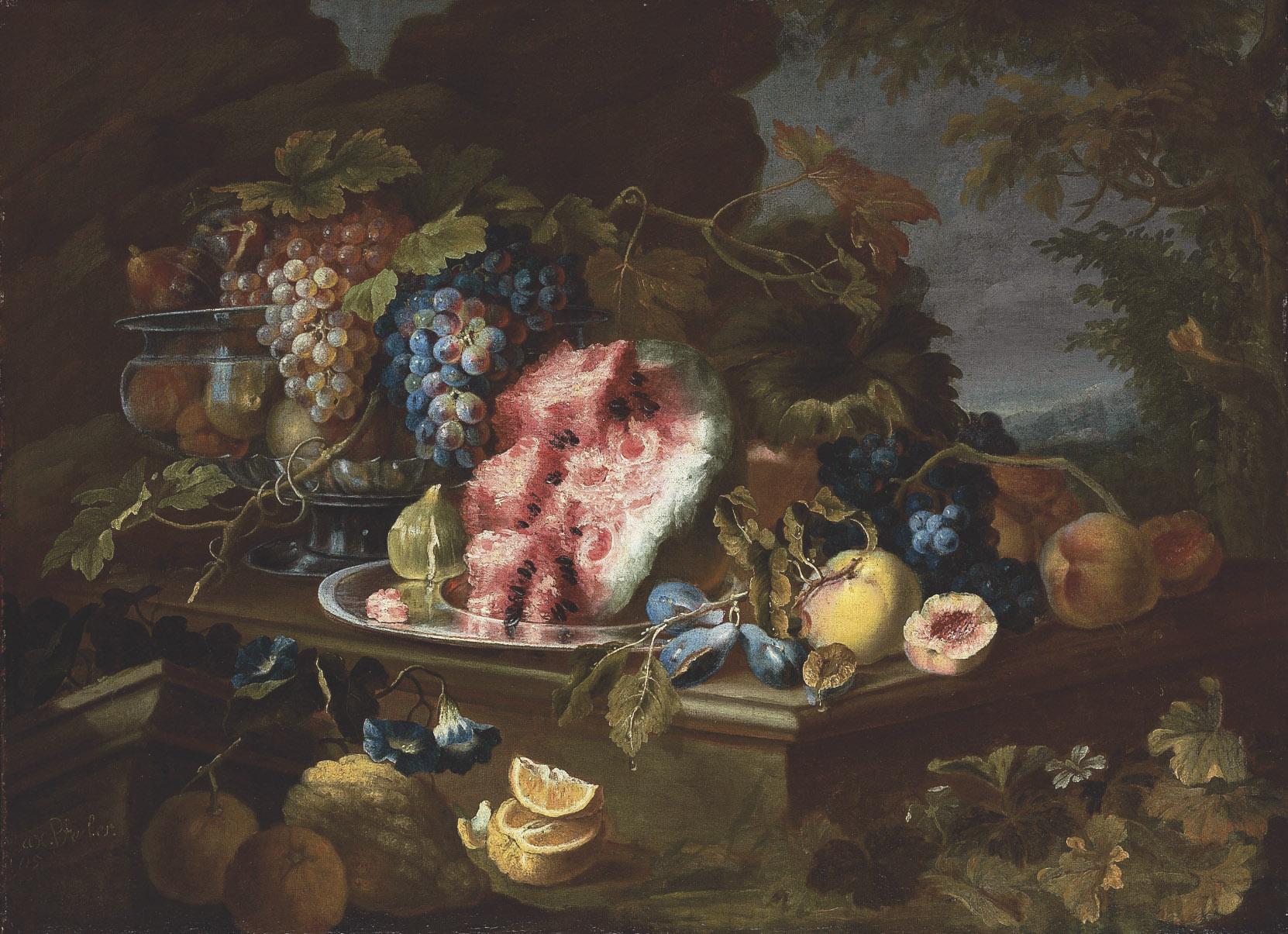 Maximilian Pfeiler - Lemons, pears, a fig, a watermelon, plums, and grapes in a metal vessel on a stone table