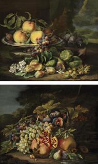 Maximilian Pfeiler - Peaches, plums, and grapes on a silver dish, with figs, flowers and chestnuts, all on a natural ground against a landscape; and A basket of figs and grapes with pomegranates and plums, all on a natural ground