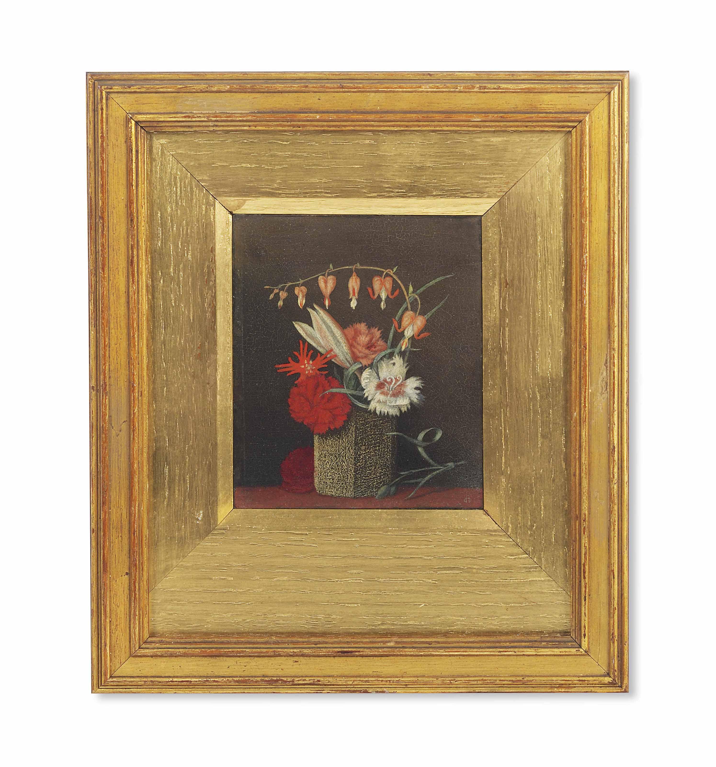 Maxwell Ashby Armfield - \'Two Reverses\'  - Carnations, a lily and fuchsias in a vase on a ledge