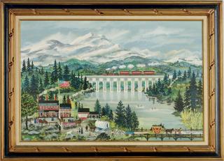 Maxwell Mays - A red train passing over a busy town