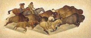 Maynard Dixon - Running Buffalo with Hunters: Sketch for a Mural