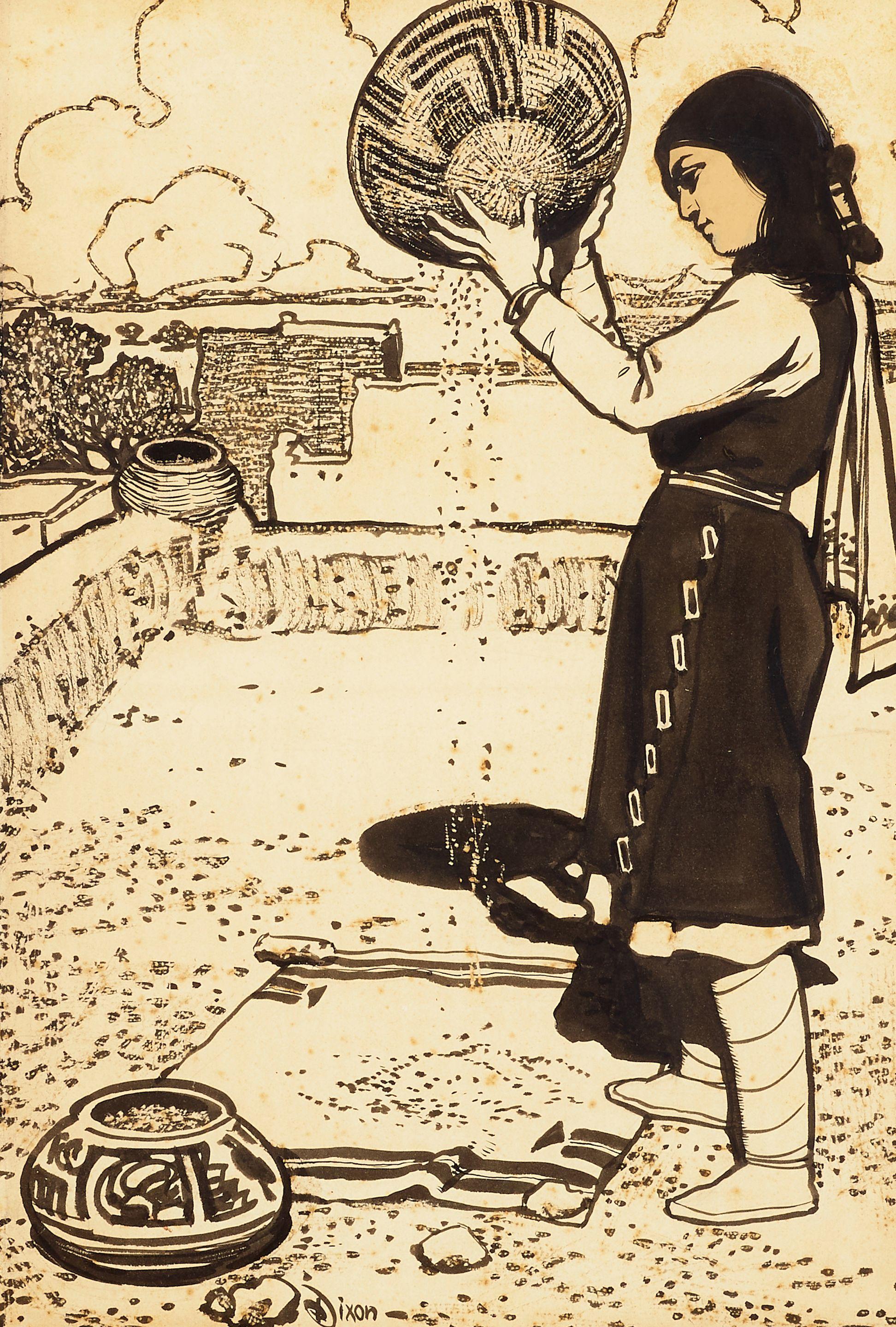 Maynard Dixon - Sorting maize paper 17 3/4 x 12 in. framed 25 1/2 x 19 in.