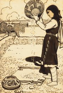 Maynard Dixon - Sorting maize paper 17 3/4 x 12 in. framed 25 1/2 x 19 in.